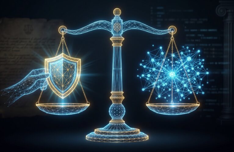 Balanced scale of justice in glowing wireframe with a shield representing privilege protection on one side and a knowledge graph representing institutional intelligence on the other