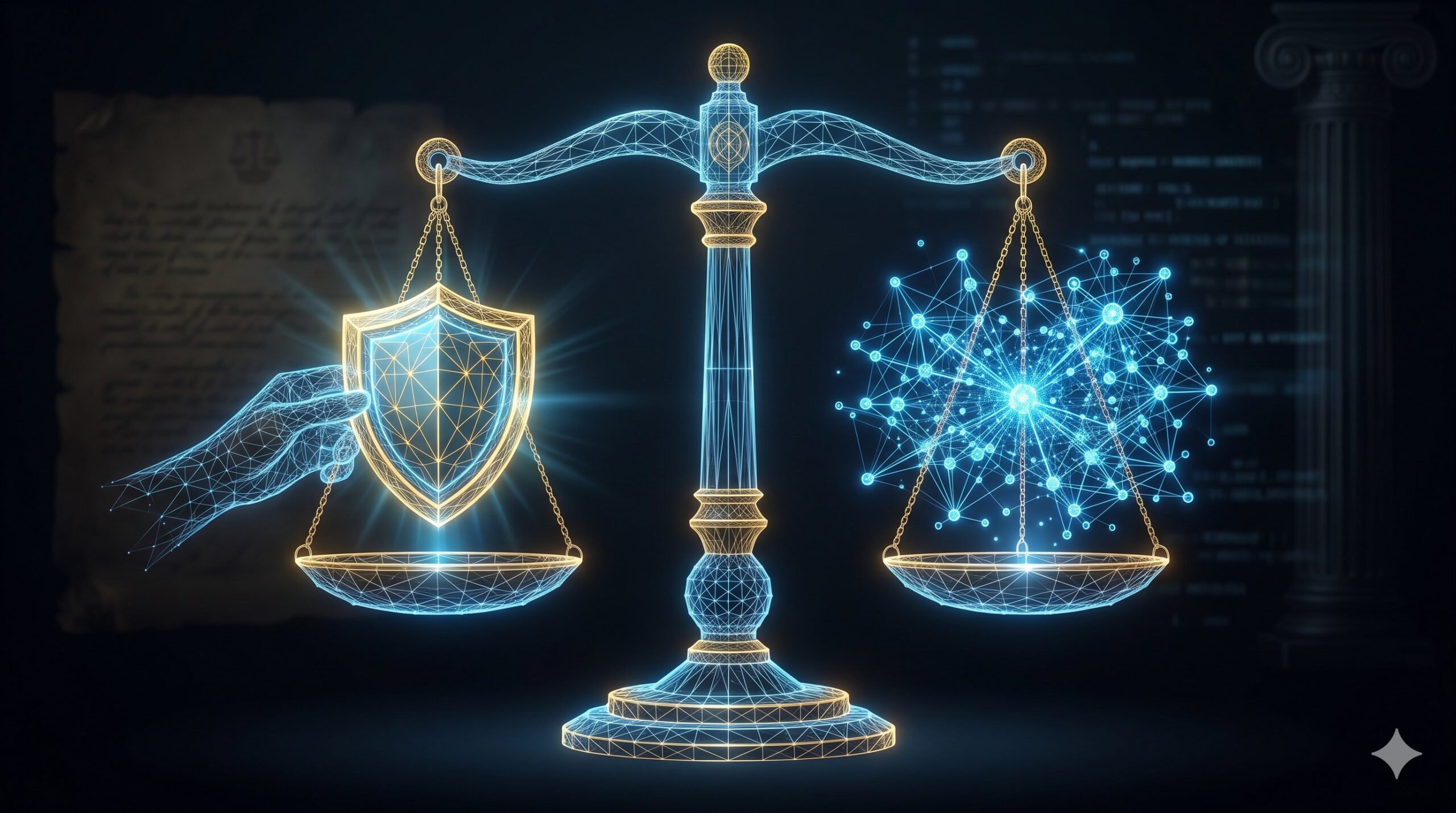 Balanced scale of justice in glowing wireframe with a shield representing privilege protection on one side and a knowledge graph representing institutional intelligence on the other