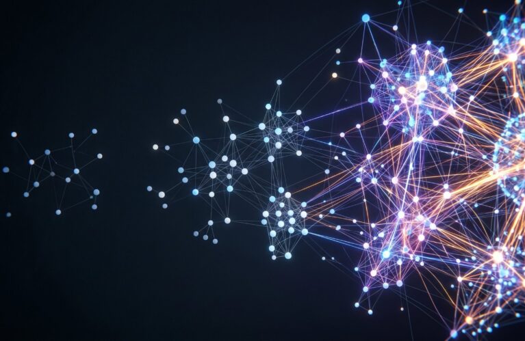 Knowledge graph growing from sparse dim nodes on the left to a dense brilliantly glowing interconnected network on the right, representing compounding institutional knowledge over time