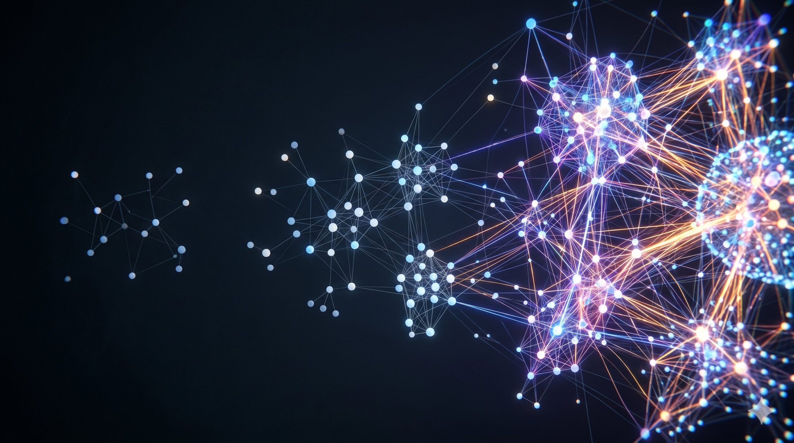 Knowledge graph growing from sparse dim nodes on the left to a dense brilliantly glowing interconnected network on the right, representing compounding institutional knowledge over time