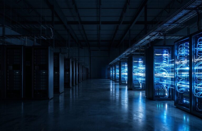 Dark enterprise data warehouse with rows of server racks, some illuminated with blue data streams while others sit dark and unused, representing the dark data problem