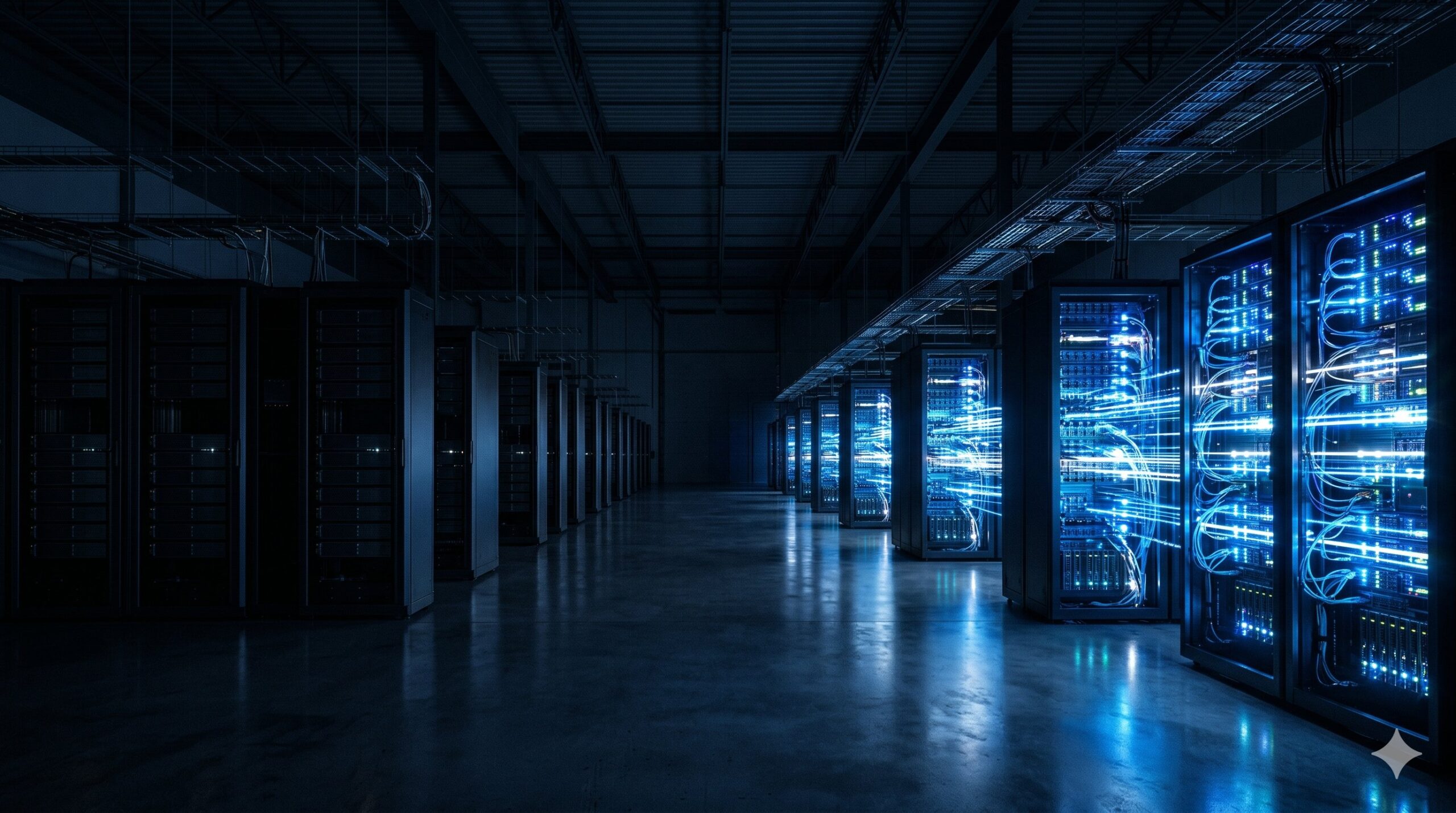 Dark enterprise data warehouse with rows of server racks, some illuminated with blue data streams while others sit dark and unused, representing the dark data problem