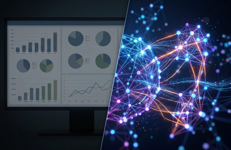 Split visualization showing traditional business intelligence dashboards on the left and a vibrant knowledge graph on the right, representing the evolution from BI to data intelligence