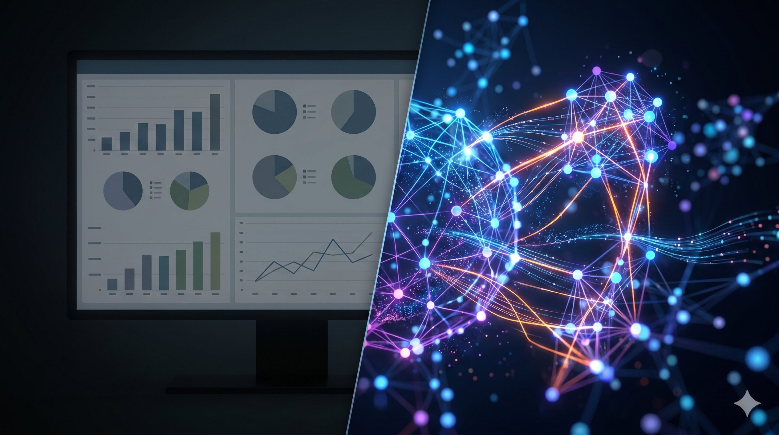 Split visualization showing traditional business intelligence dashboards on the left and a vibrant knowledge graph on the right, representing the evolution from BI to data intelligence