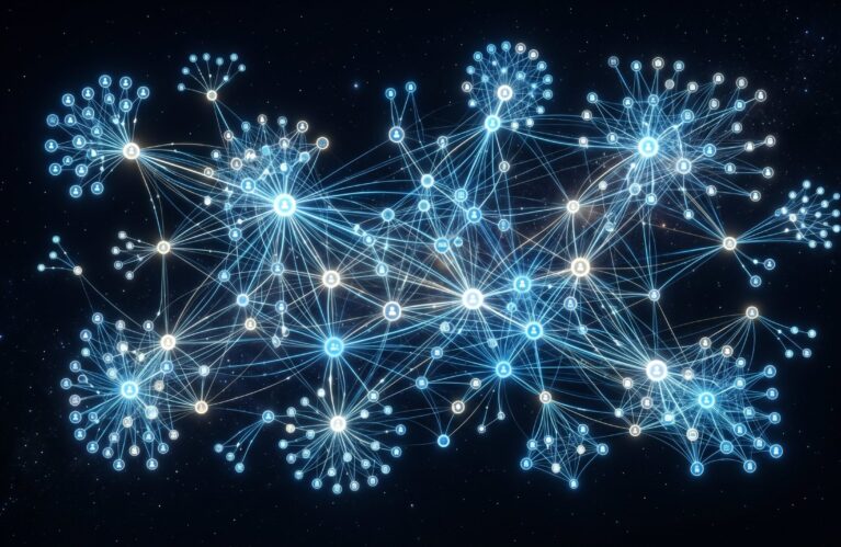 Intricate knowledge graph visualization with hundreds of glowing interconnected nodes against dark space, representing structured organizational knowledge
