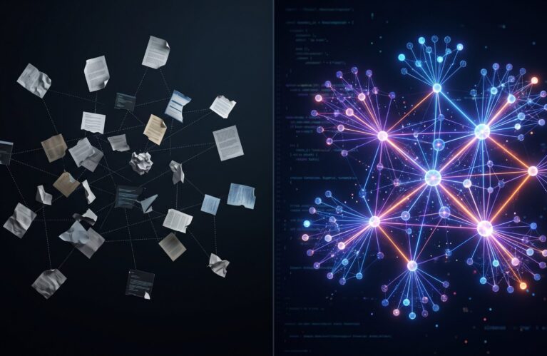 Split visualization showing scattered documents with weak connections on the left transforming into a brilliantly structured knowledge graph on the right, representing GraphRAG