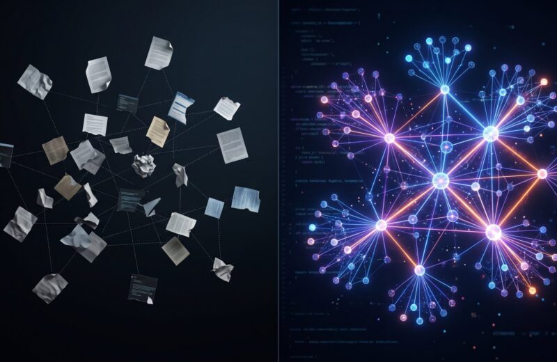 Split visualization showing scattered documents with weak connections on the left transforming into a brilliantly structured knowledge graph on the right, representing GraphRAG