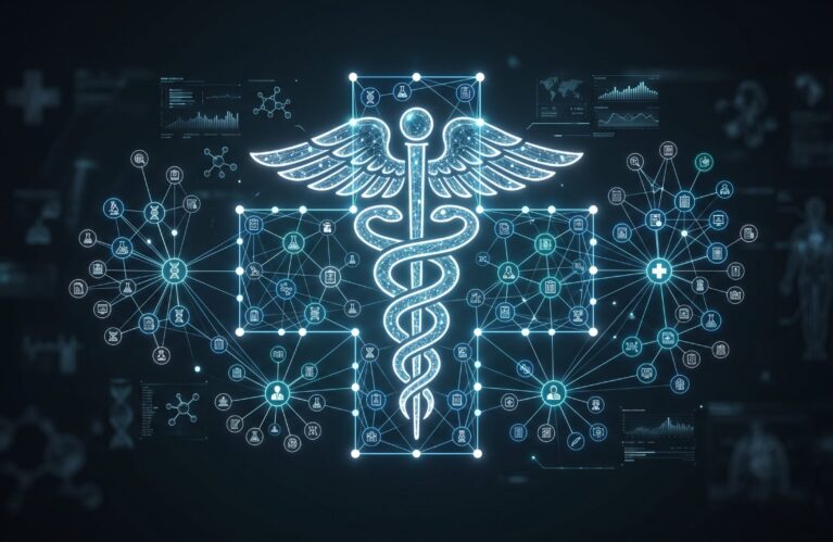 Medical caduceus symbol rendered as a glowing knowledge graph with interconnected nodes representing clinical protocols, research findings, and patient pathways