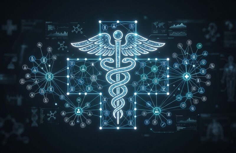 Medical caduceus symbol rendered as a glowing knowledge graph with interconnected nodes representing clinical protocols, research findings, and patient pathways