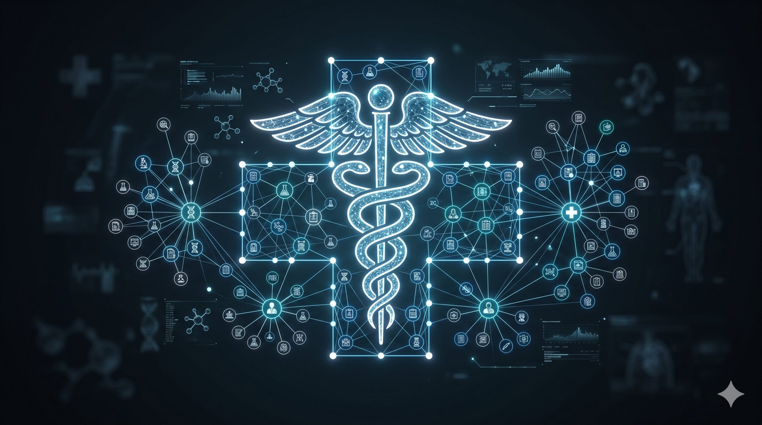 Medical caduceus symbol rendered as a glowing knowledge graph with interconnected nodes representing clinical protocols, research findings, and patient pathways