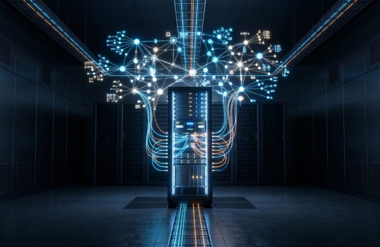 Sleek on-premise server room with an illuminated server rack connected to a holographic knowledge graph floating above it, representing sovereign AI deployment