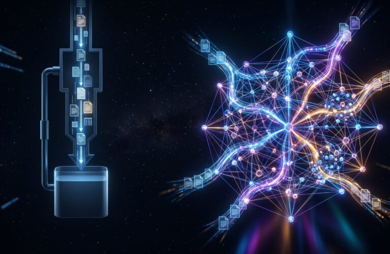 Two AI retrieval architectures compared: a simple vertical pipeline on the left versus a complex interconnected knowledge graph with multiple intelligent routes on the right