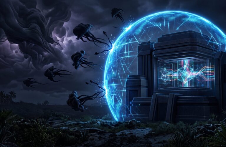 Fortified digital vault protected by a glowing energy shield deflecting external threats, representing sovereign AI and data sovereignty