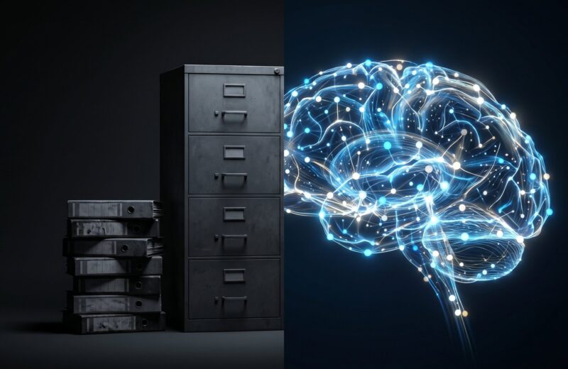 Transformation from a static filing cabinet with old binders on the left to a pulsing luminous neural network brain made of data nodes on the right