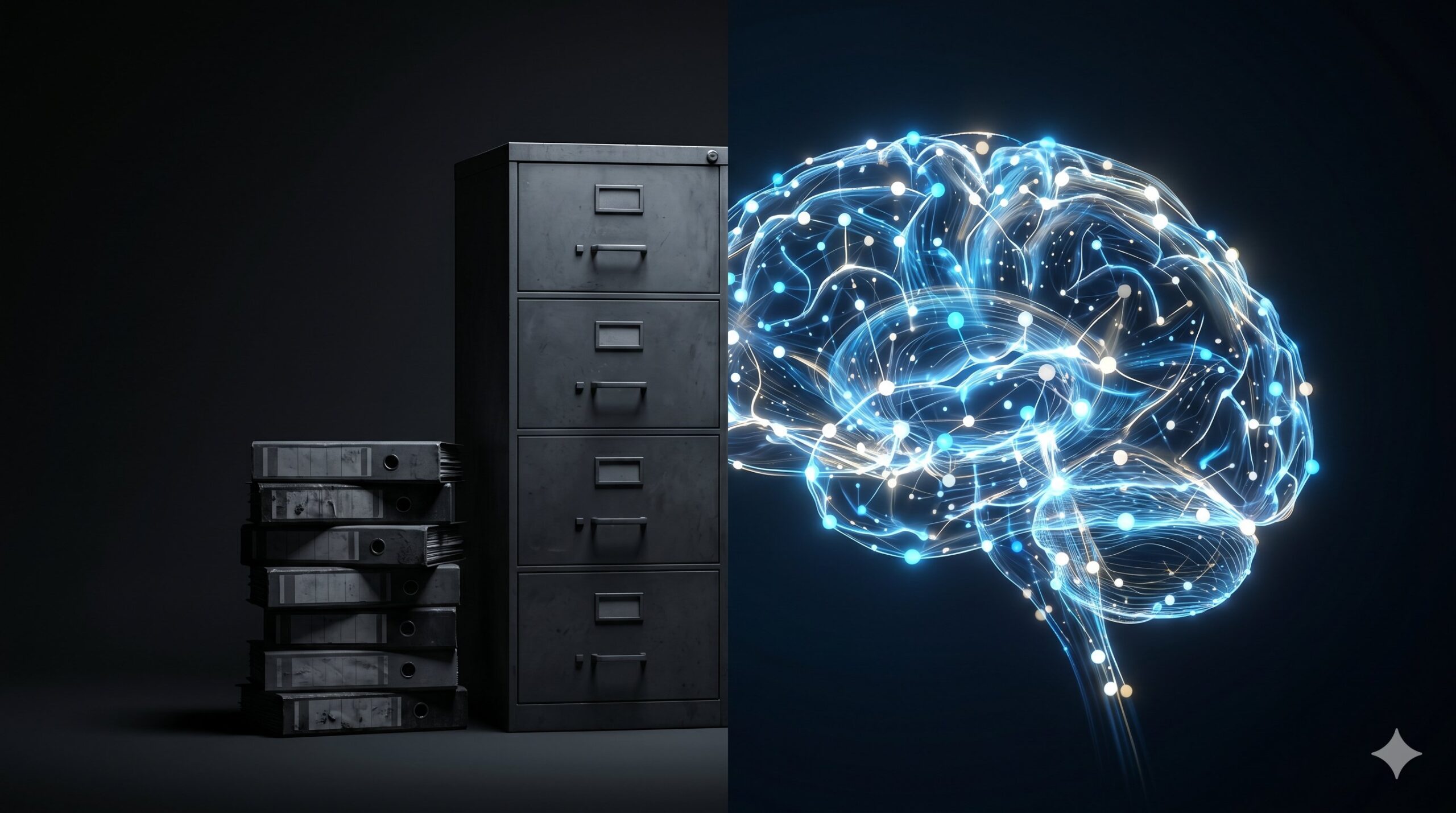 Transformation from a static filing cabinet with old binders on the left to a pulsing luminous neural network brain made of data nodes on the right