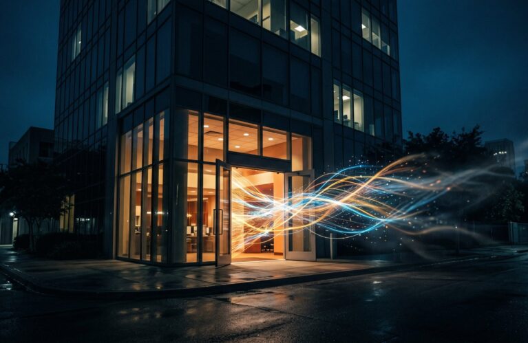 Corporate building at night with glowing data streams flowing out through the front door, representing institutional knowledge leaving when employees depart