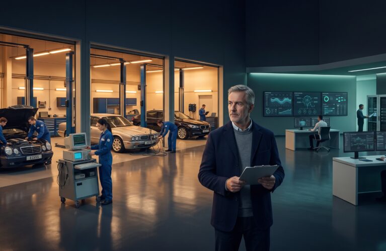 1990s automotive diagnostics centre transitioning into a modern enterprise AI governance operations centre