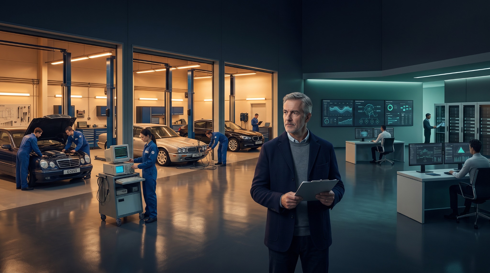 1990s automotive diagnostics centre transitioning into a modern enterprise AI governance operations centre