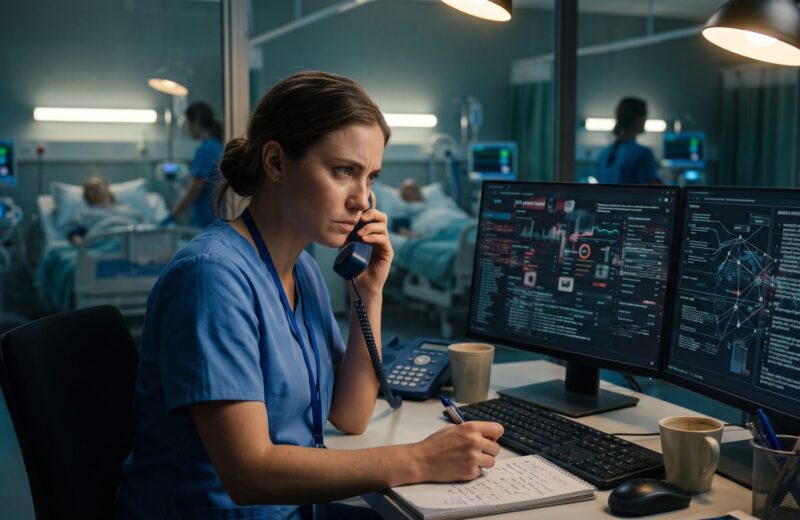Nurse at hospital workstation searching for the right clinical protocol while patients are visible through the ICU glass partition behind her