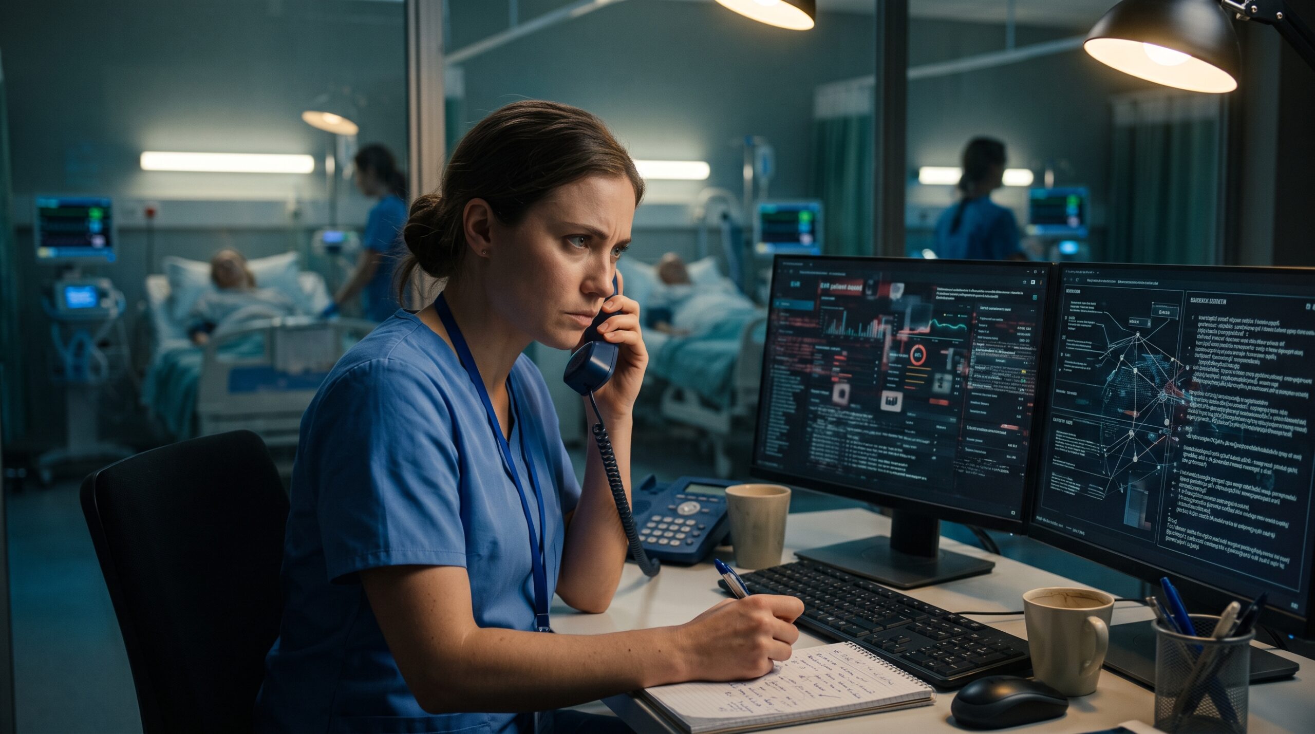 Nurse at hospital workstation searching for the right clinical protocol while patients are visible through the ICU glass partition behind her
