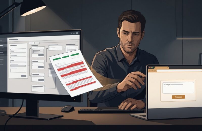 An enterprise employee reviews sensitive documents beside approved and unofficial AI workflows, illustrating shadow AI governance risk.
