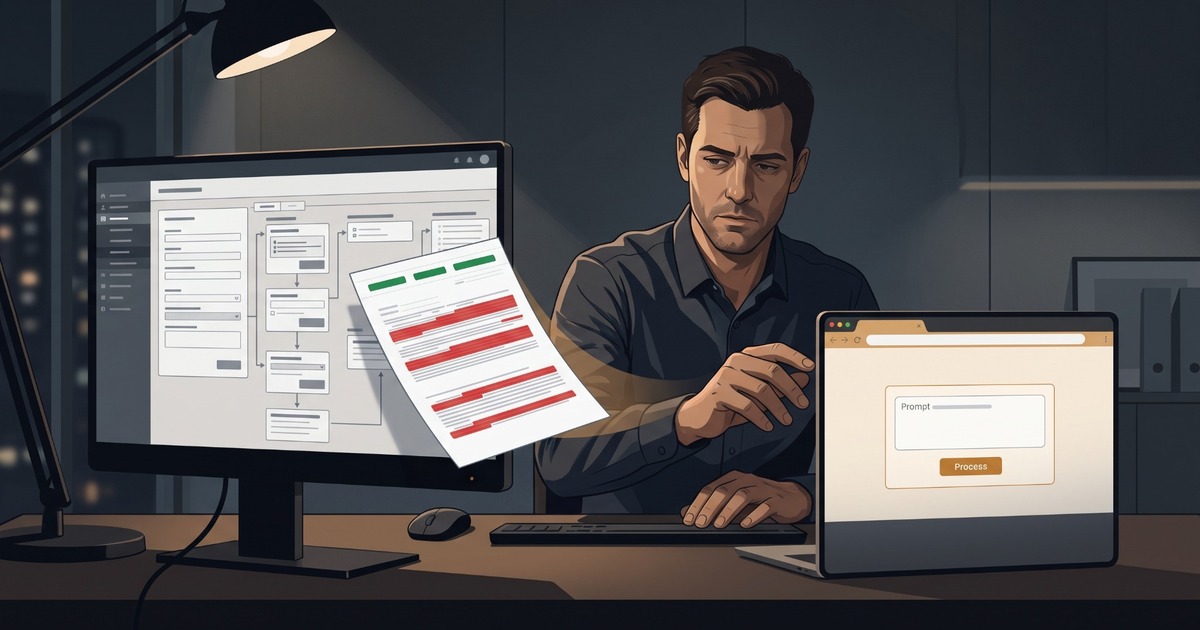 An enterprise employee reviews sensitive documents beside approved and unofficial AI workflows, illustrating shadow AI governance risk.