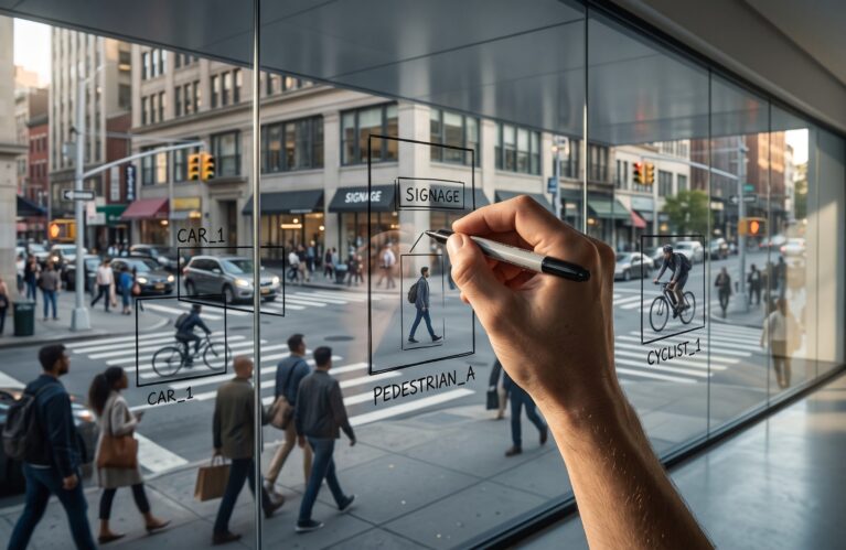 A hand labels pedestrians, vehicles and signs on glass overlooking a city street, illustrating how people shape the world AI perceives.