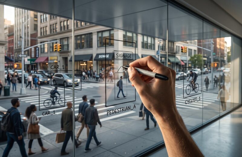 A hand labels pedestrians, vehicles and signs on glass overlooking a city street, illustrating how people shape the world AI perceives.