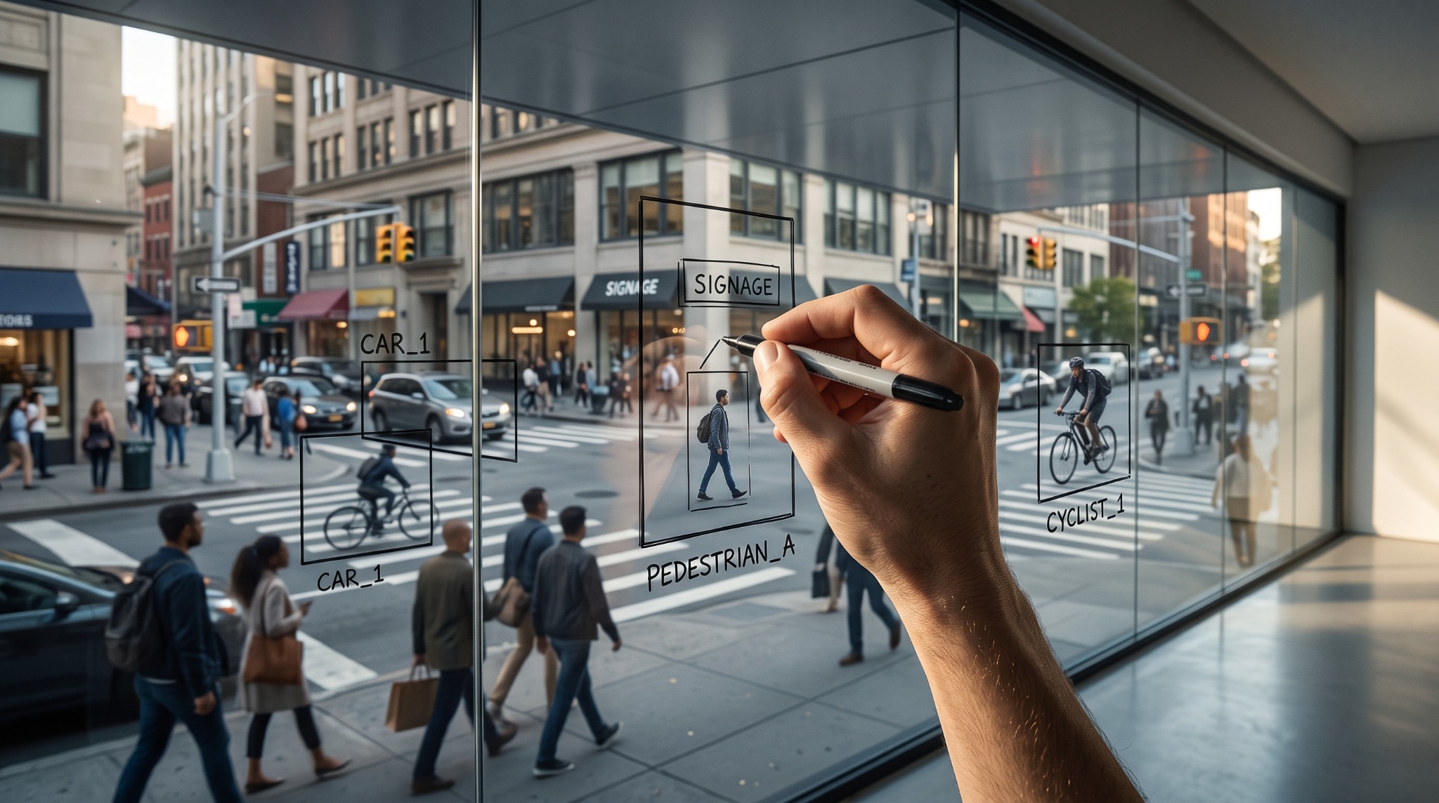 A hand labels pedestrians, vehicles and signs on glass overlooking a city street, illustrating how people shape the world AI perceives.