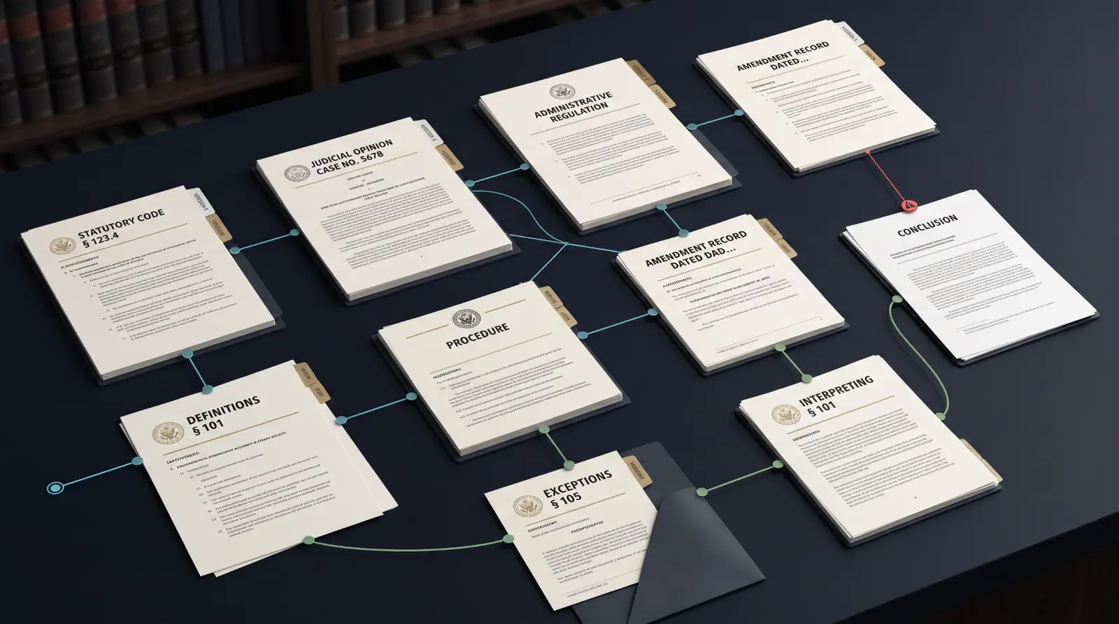 Legal authorities connected in a retrieval graph, with a warning path leading to an unsupported conclusion.