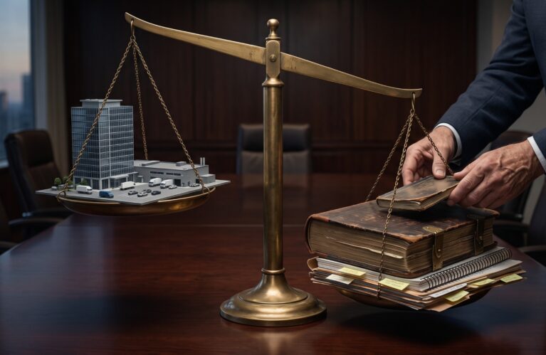 A balance scale showing proprietary knowledge outweighing a company's physical business assets