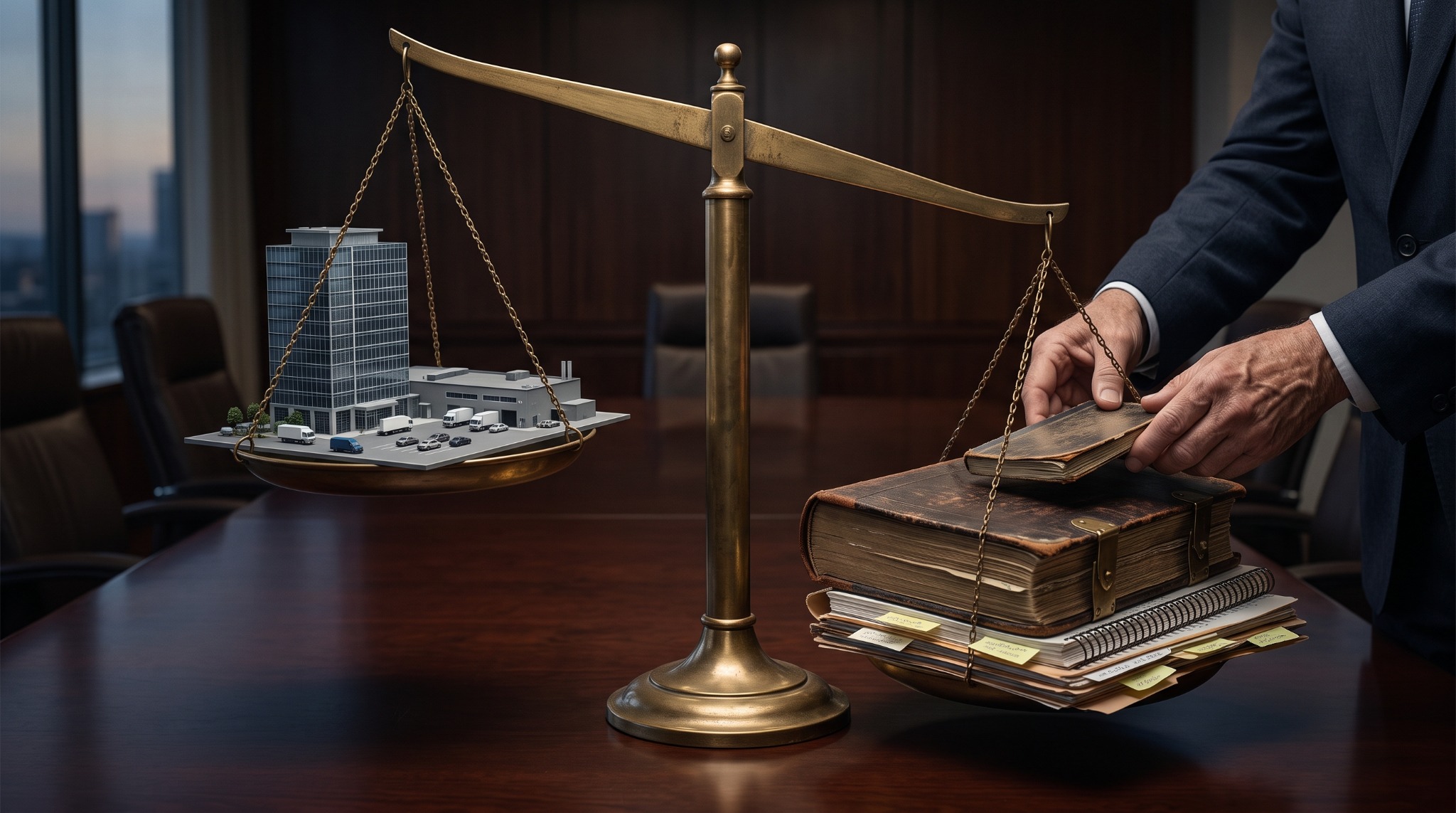A balance scale showing proprietary knowledge outweighing a company's physical business assets