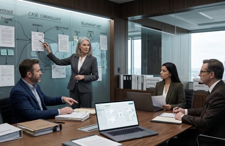 Senior law firm partner mapping case evidence and legal authority with colleagues in a conference room