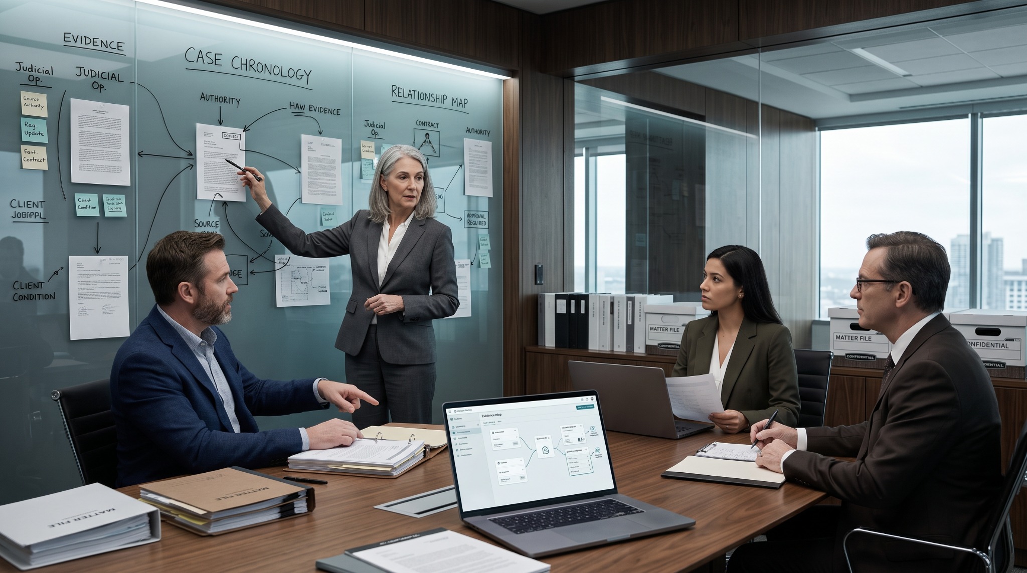 Senior law firm partner mapping case evidence and legal authority with colleagues in a conference room