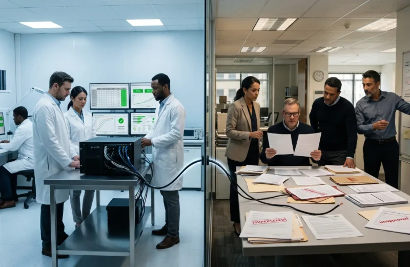 Data scientists benchmark an AI system in a controlled laboratory while business leaders test it against conflicting policies and production conditions.