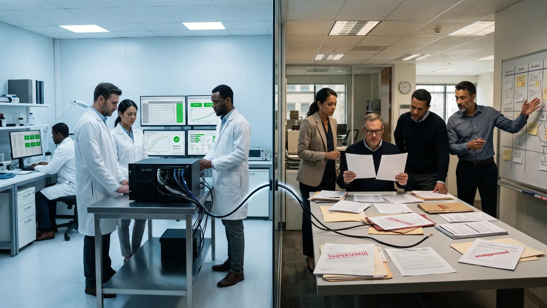 Data scientists benchmark an AI system in a controlled laboratory while business leaders test it against conflicting policies and production conditions.
