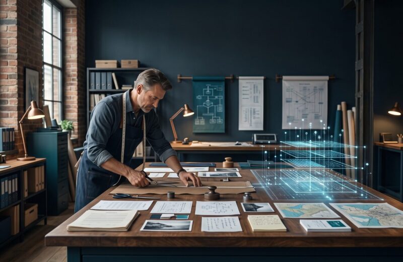 A specialist curates business documents, maps, and evidence into a structured domain-specific dataset.