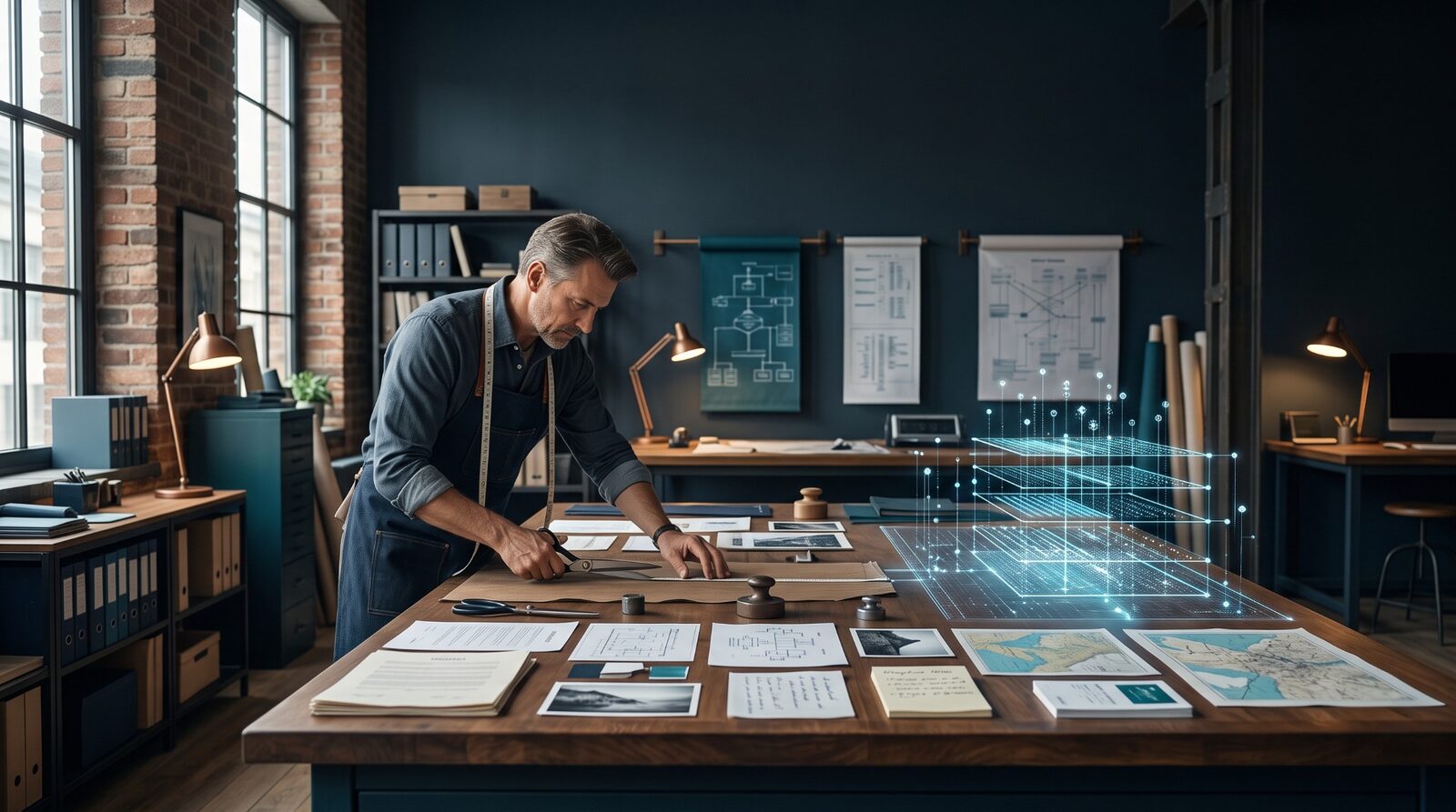 A specialist curates business documents, maps, and evidence into a structured domain-specific dataset.